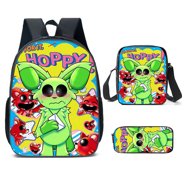 Cute Unisex Anime Backpack Set 16 Inch Laptop Backpack with Lunch Box and Pencil Case Smiling Critters Design