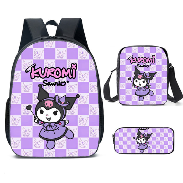 Cute Kuromi Cartoon Backpack Set for Elementary School Nylon Shoulder Bag with Crossbody Bag and Stationery Organizer 3D Print for Daily Use