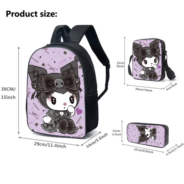 Cute Kuromi Cartoon Backpack Set for Elementary School Nylon Shoulder Bag with Crossbody Bag and Stationery Organizer 3D Print for Daily Use