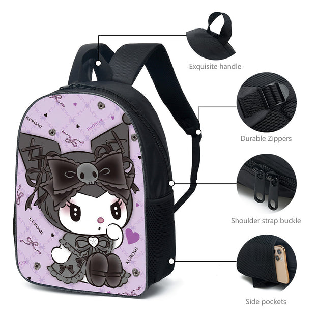 Cute Kuromi Cartoon Backpack Set for Elementary School Nylon Shoulder Bag with Crossbody Bag and Stationery Organizer 3D Print for Daily Use