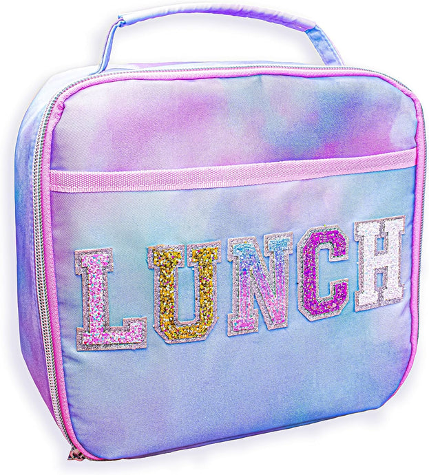 School Lunch Bag Reusable Insulated Tie Dye Glitter Lunch Box with Varsity Letter Patch Perfect for Back to School and Christmas Stocking Stuffers