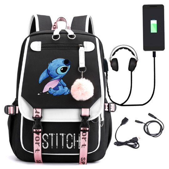 Stitch USB Charging School Backpack Durable Double Shoulder Bag for Students