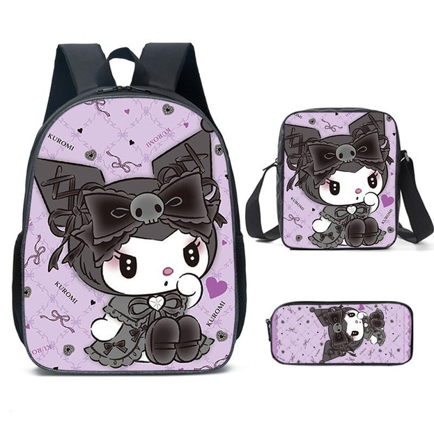 Cute Kuromi Cartoon Backpack Set for Elementary School Nylon Shoulder Bag with Crossbody Bag and Stationery Organizer 3D Print for Daily Use