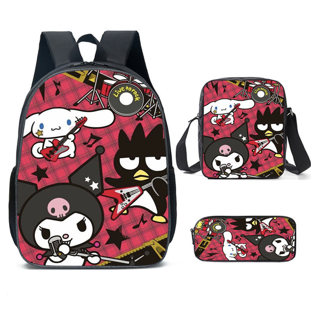 Cute Kuromi Cartoon Backpack Set for Elementary School Nylon Shoulder Bag with Crossbody Bag and Stationery Organizer 3D Print for Daily Use