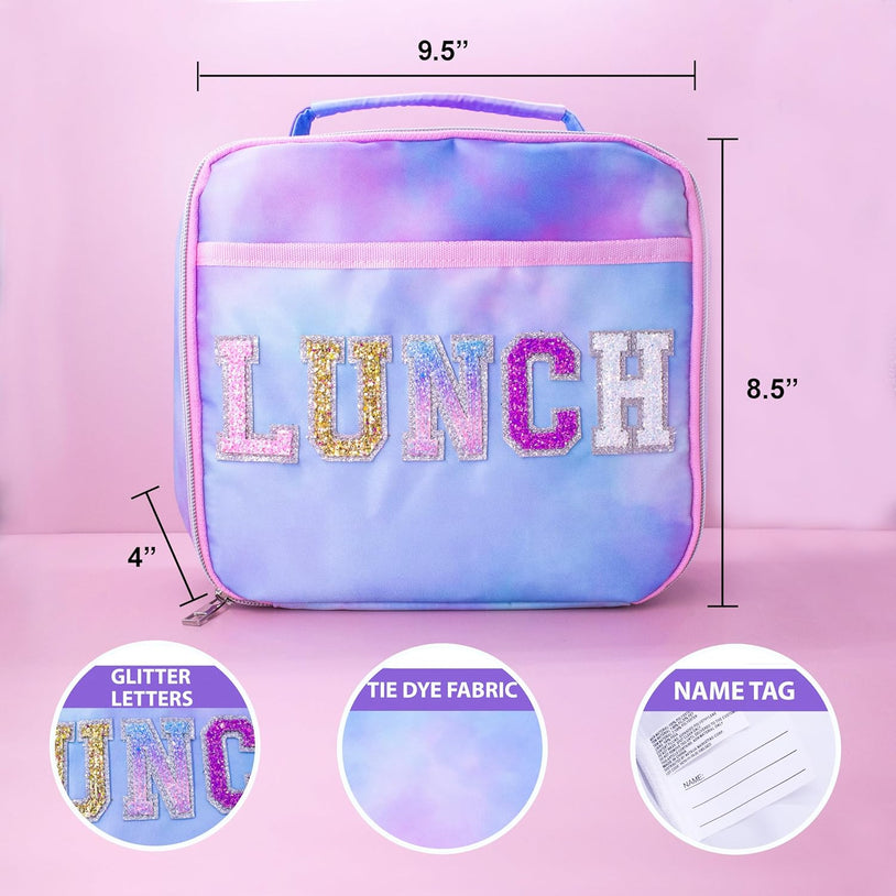 School Lunch Bag Reusable Insulated Tie Dye Glitter Lunch Box with Varsity Letter Patch Perfect for Back to School and Christmas Stocking Stuffers