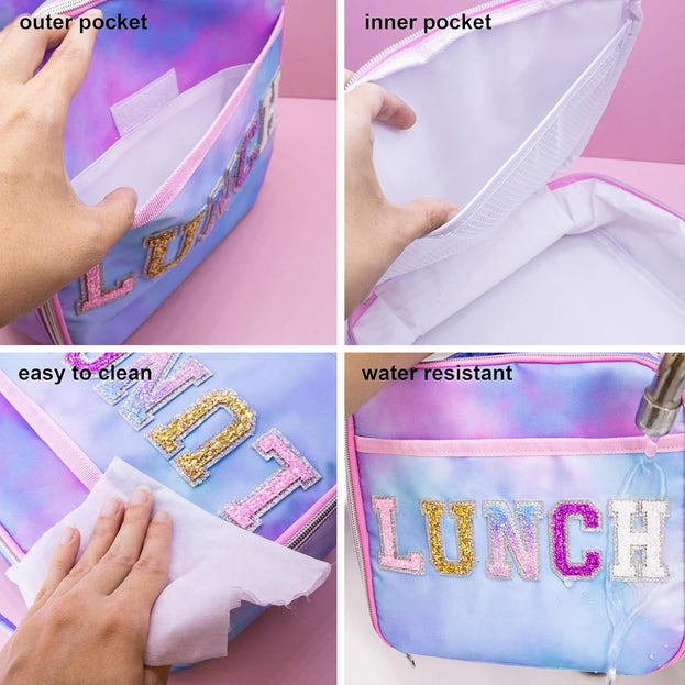 School Lunch Bag Reusable Insulated Tie Dye Glitter Lunch Box with Varsity Letter Patch Perfect for Back to School and Christmas Stocking Stuffers