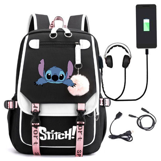 Stitch USB Charging School Backpack Durable Double Shoulder Bag for Students