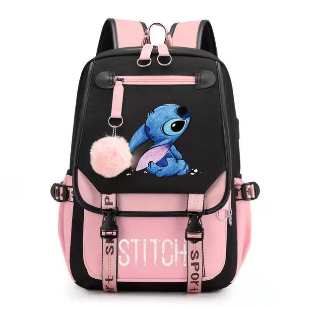 Stitch USB Charging School Backpack Durable Double Shoulder Bag for Students