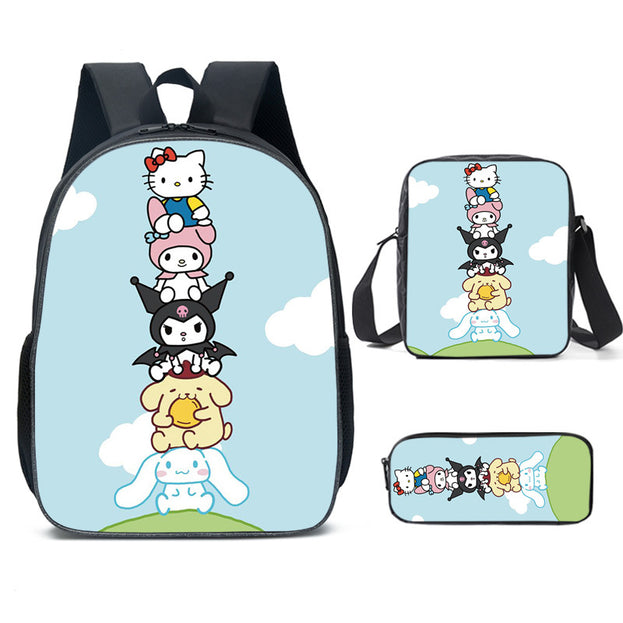 Cute Kuromi Cartoon Backpack Set for Elementary School Nylon Shoulder Bag with Crossbody Bag and Stationery Organizer 3D Print for Daily Use