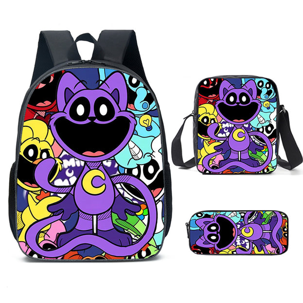 Cute Unisex Anime Backpack Set 16 Inch Laptop Backpack with Lunch Box and Pencil Case Smiling Critters Design