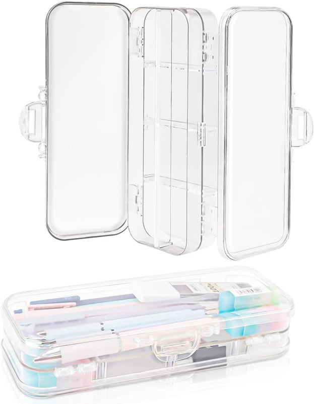 2 Pcs Clear Double Deck Pencil Box with Snap Tight Lid Adjustable 4 Compartment Pencil Case Organizer for Office and School Supplies