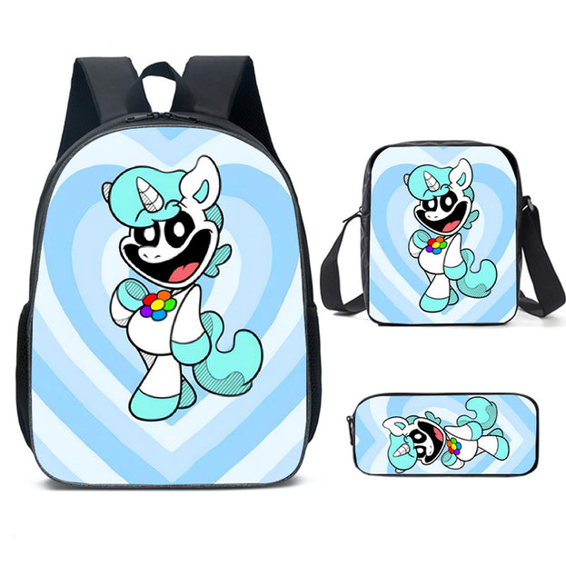 Cute Unisex Anime Backpack Set 16 Inch Laptop Backpack with Lunch Box and Pencil Case Smiling Critters Design