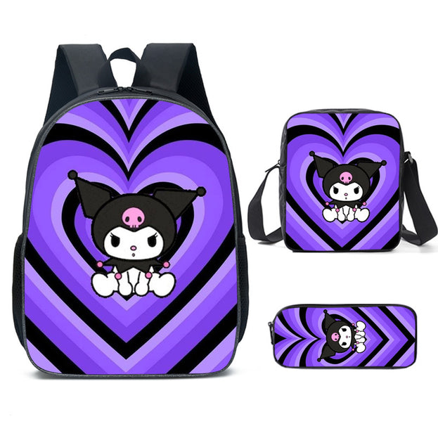 Cute Kuromi Cartoon Backpack Set for Elementary School Nylon Shoulder Bag with Crossbody Bag and Stationery Organizer 3D Print for Daily Use