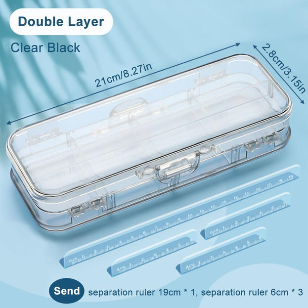 2 Pcs Clear Double Deck Pencil Box with Snap Tight Lid Adjustable 4 Compartment Pencil Case Organizer for Office and School Supplies