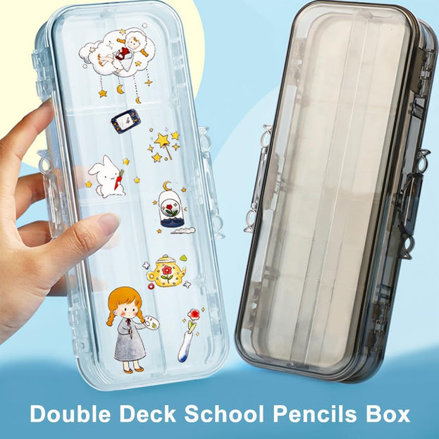 2 Pcs Clear Double Deck Pencil Box with Snap Tight Lid Adjustable 4 Compartment Pencil Case Organizer for Office and School Supplies