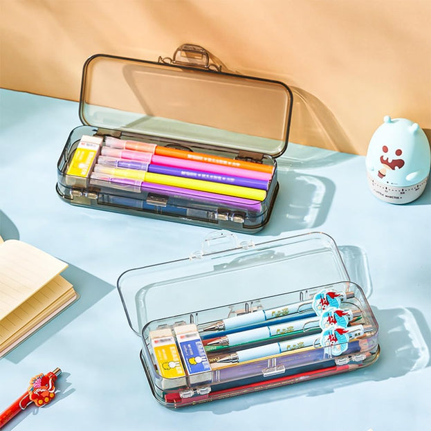 2 Pcs Clear Double Deck Pencil Box with Snap Tight Lid Adjustable 4 Compartment Pencil Case Organizer for Office and School Supplies