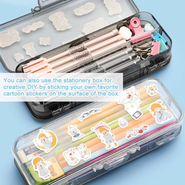 2 Pcs Clear Double Deck Pencil Box with Snap Tight Lid Adjustable 4 Compartment Pencil Case Organizer for Office and School Supplies