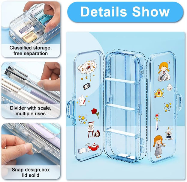 2 Pcs Clear Double Deck Pencil Box with Snap Tight Lid Adjustable 4 Compartment Pencil Case Organizer for Office and School Supplies