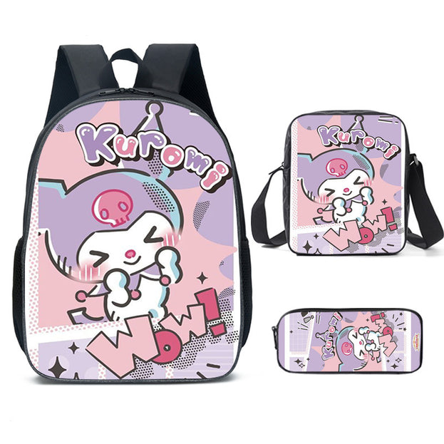 Cute Kuromi Cartoon Backpack Set for Elementary School Nylon Shoulder Bag with Crossbody Bag and Stationery Organizer 3D Print for Daily Use