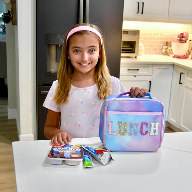 School Lunch Bag Reusable Insulated Tie Dye Glitter Lunch Box with Varsity Letter Patch Perfect for Back to School and Christmas Stocking Stuffers