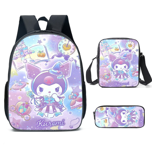 Cute Kuromi Cartoon Backpack Set for Elementary School Nylon Shoulder Bag with Crossbody Bag and Stationery Organizer 3D Print for Daily Use