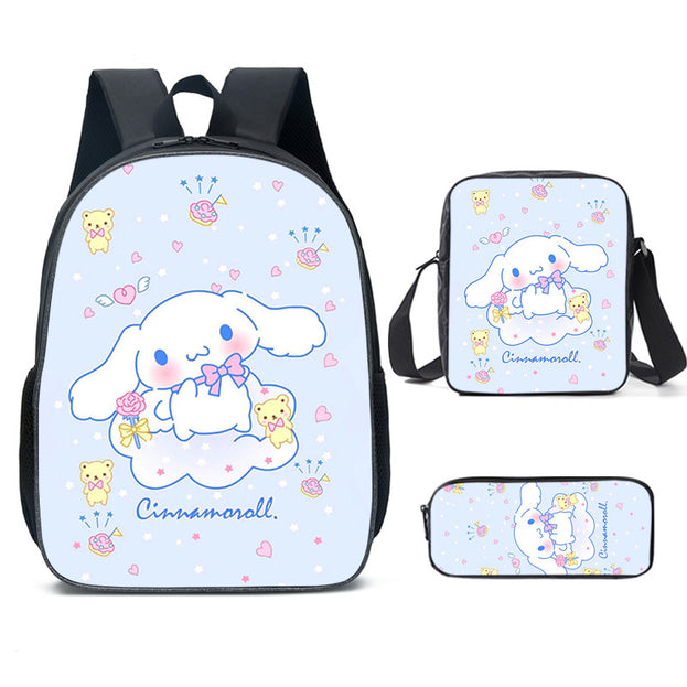 Cute Kuromi Cartoon Backpack Set for Elementary School Nylon Shoulder Bag with Crossbody Bag and Stationery Organizer 3D Print for Daily Use