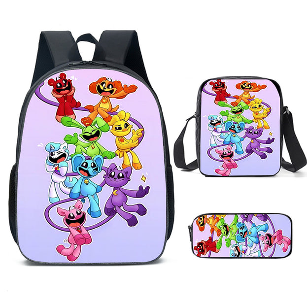 Cute Unisex Anime Backpack Set 16 Inch Laptop Backpack with Lunch Box and Pencil Case Smiling Critters Design