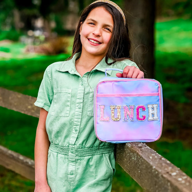 School Lunch Bag Reusable Insulated Tie Dye Glitter Lunch Box with Varsity Letter Patch Perfect for Back to School and Christmas Stocking Stuffers