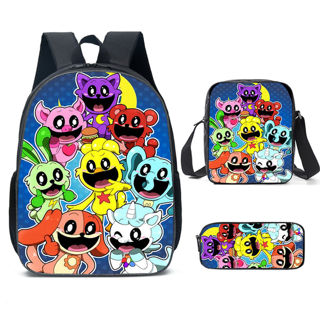 Cute Unisex Anime Backpack Set 16 Inch Laptop Backpack with Lunch Box and Pencil Case Smiling Critters Design