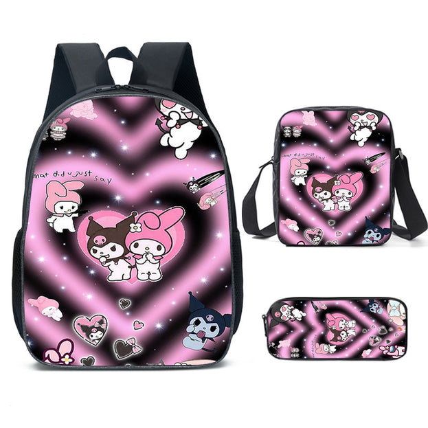 Cute Kuromi Cartoon Backpack Set for Elementary School Nylon Shoulder Bag with Crossbody Bag and Stationery Organizer 3D Print for Daily Use