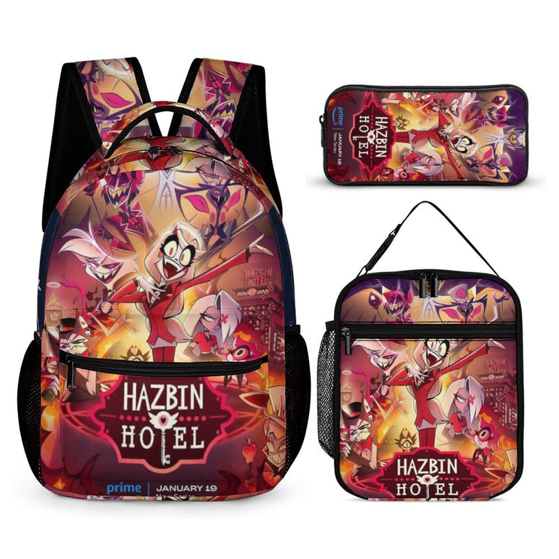 Hazbin Hotel Backpack Set Waterproof School Bag Lunchbox Laptop Bag Creative Gift for Kids in Elementary and Middle School