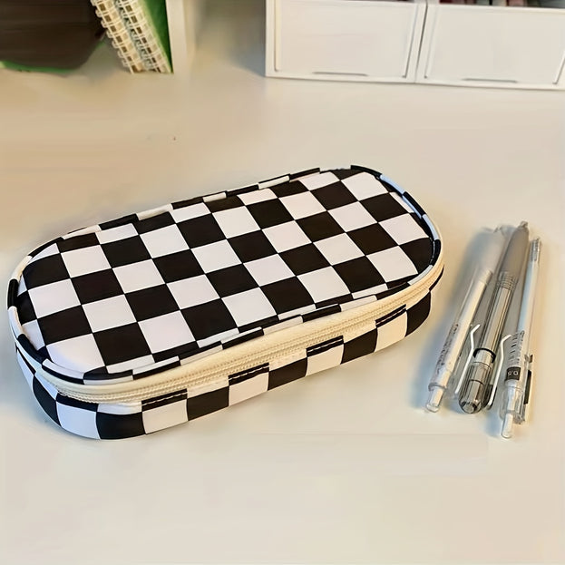 Large Capacity Checkerboard Pattern Pencil Case Soft Handle Stationery Bag for Students with Back to School Desk Storage Organization Essentials