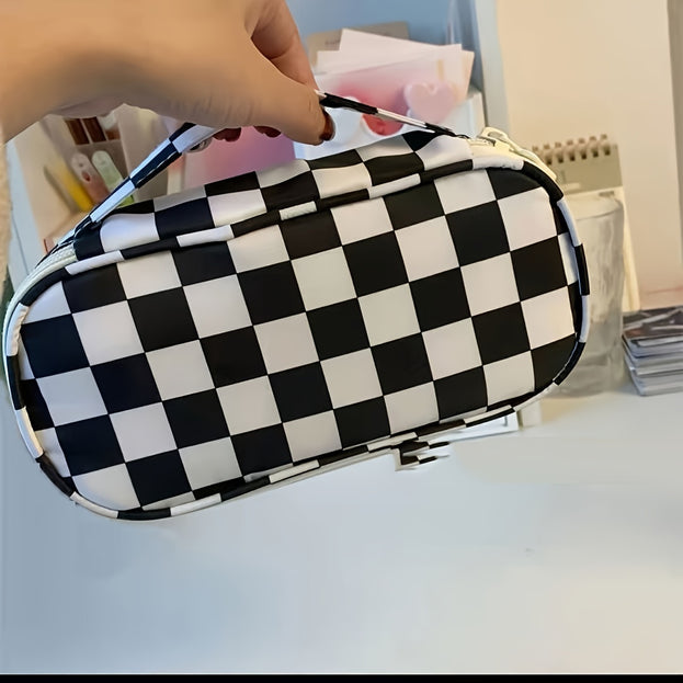 Large Capacity Checkerboard Pattern Pencil Case Soft Handle Stationery Bag for Students with Back to School Desk Storage Organization Essentials